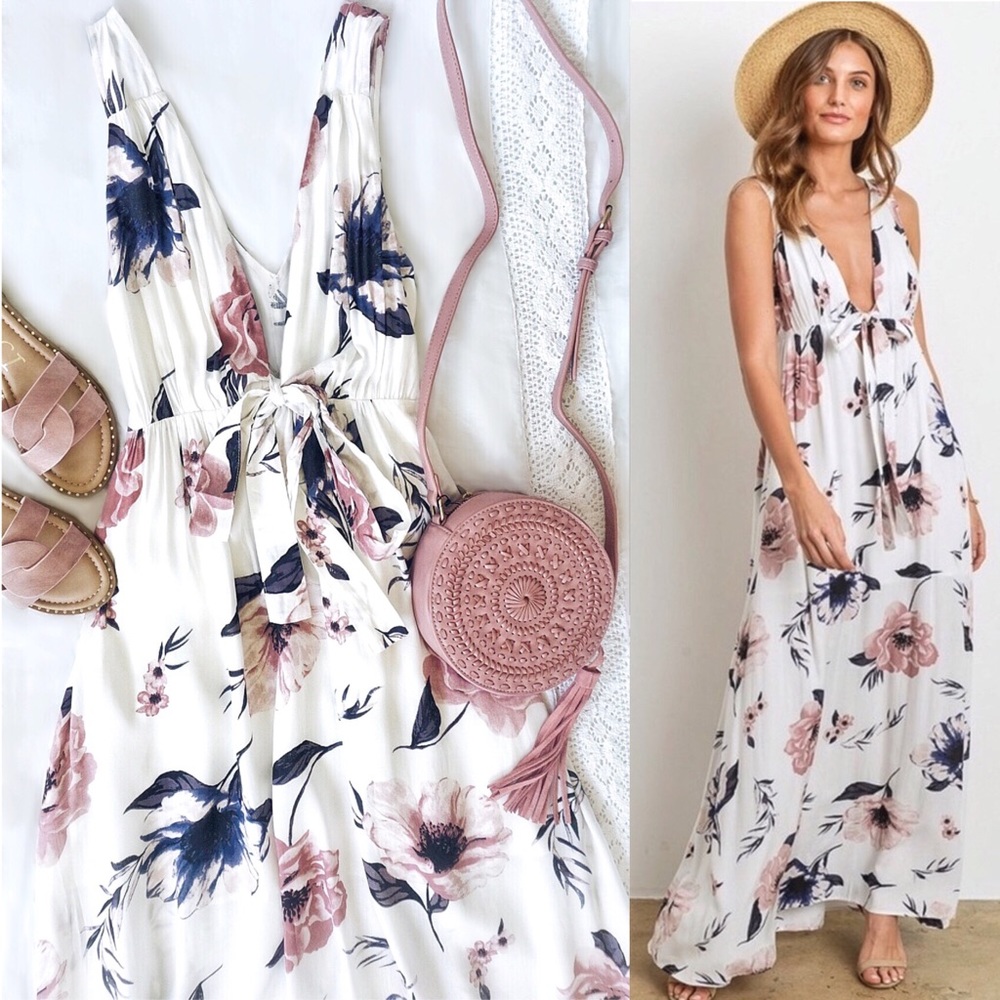 Tie Front Floral Maxi Dress White - Picture 2 of 8